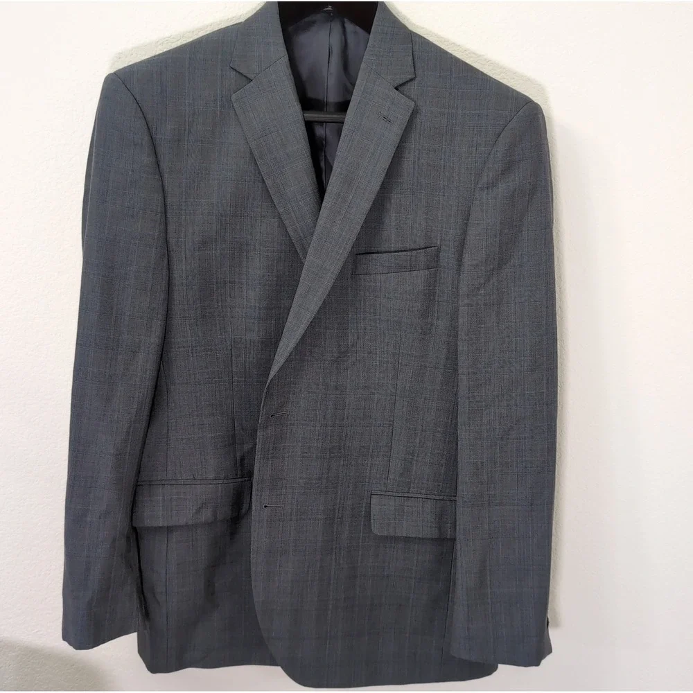 Jos A Bank Mens Signature Blazer 46L Grey Wool Silk Glen Plaid Sport Coat Jacket